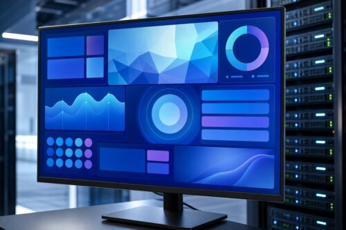 Écran de serveur Windows avec tuiles de supervision abstraites pour PowerBGInfo