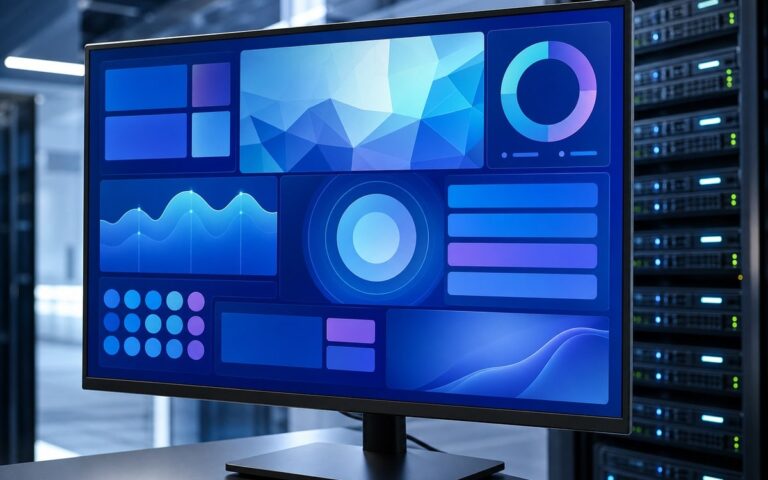 Écran de serveur Windows avec tuiles de supervision abstraites pour PowerBGInfo