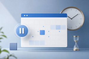 Illustration éditoriale : planification des mises à jour Windows avec une interface de calendrier et une icône pause