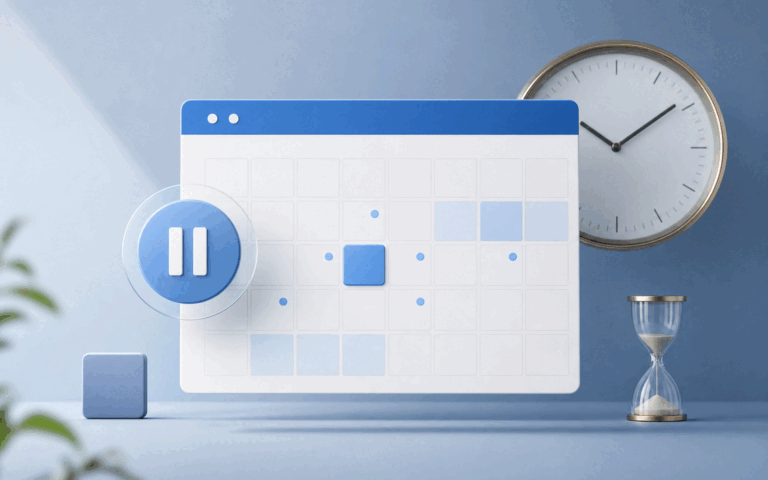 Illustration éditoriale : planification des mises à jour Windows avec une interface de calendrier et une icône pause