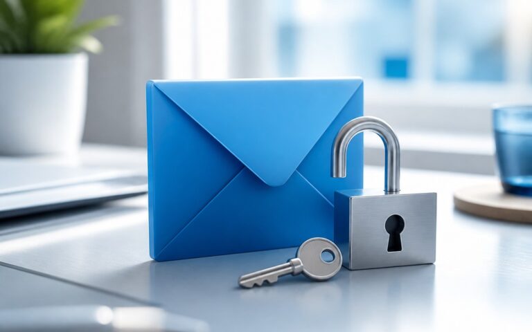 Enveloppe mail avec cadenas ouvert et clé pour illustrer un mot de passe Outlook oublié
