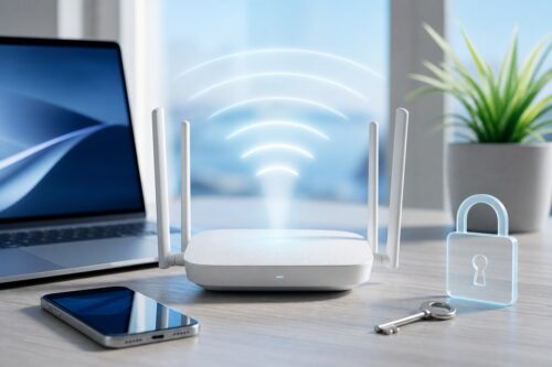 Routeur Wi-Fi avec téléphone et ordinateur pour retrouver un mot de passe