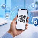 Smartphone affichant un QR code Wi-Fi avec symbole de sécurité