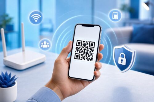 Smartphone affichant un QR code Wi-Fi avec symbole de sécurité