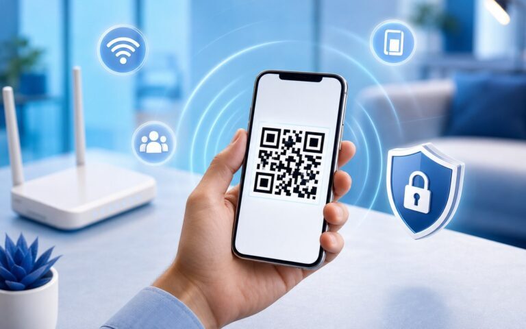 Smartphone affichant un QR code Wi-Fi avec symbole de sécurité
