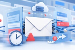 Illustration d’une boîte mail Roundcube OVH avec messages bloqués et lenteurs
