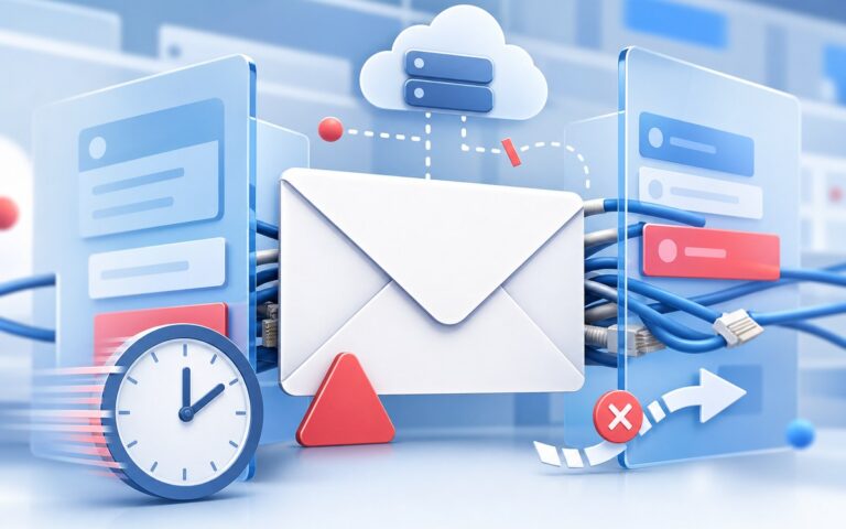Illustration d’une boîte mail Roundcube OVH avec messages bloqués et lenteurs