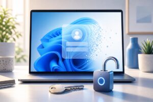 Ordinateur portable avec option de connexion Windows 11, clé et cadenas symbolisant le choix entre sécurité et commodité