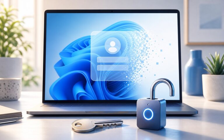 Ordinateur portable avec option de connexion Windows 11, clé et cadenas symbolisant le choix entre sécurité et commodité