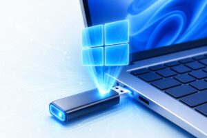 Clé USB Windows 11 branchée sur un ordinateur portable avec logo Windows flottant