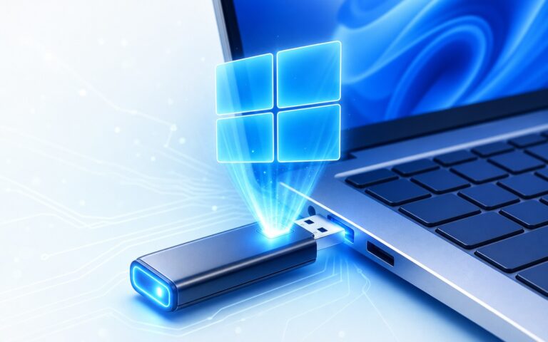 Clé USB Windows 11 branchée sur un ordinateur portable avec logo Windows flottant
