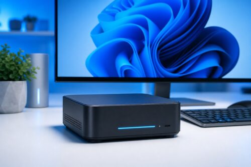 Mini PC Windows 11 sur un bureau moderne