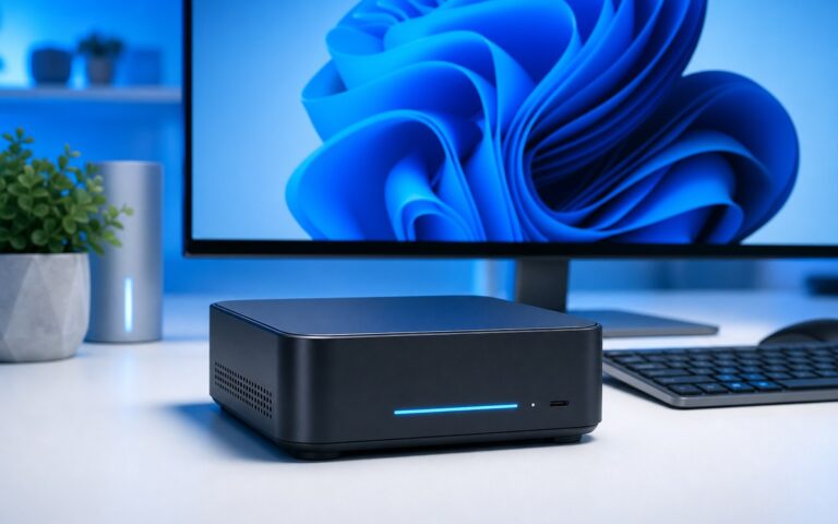 Mini PC Windows 11 sur un bureau moderne
