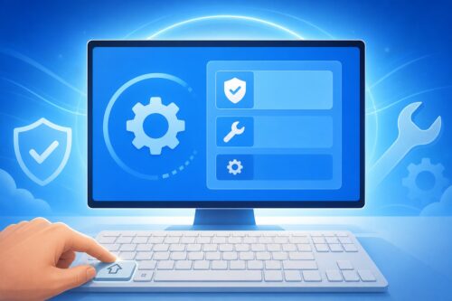 Mode sans échec Windows 11 : écran de récupération bleu avec clavier et touche Maj enfoncée