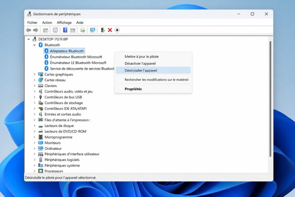 Gestionnaire de périphériques Windows 11 sur un adaptateur Bluetooth