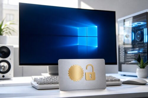 PC Windows 11 avec carte de licence et cadenas ouvert
