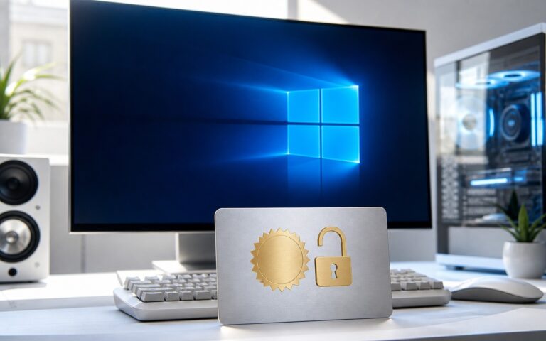 PC Windows 11 avec carte de licence et cadenas ouvert