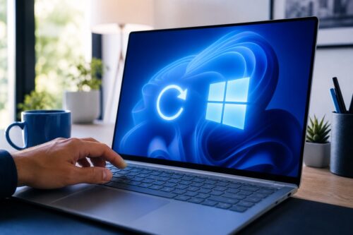 Ordinateur Windows 11 avec symbole de retour en arrière après une mise à jour