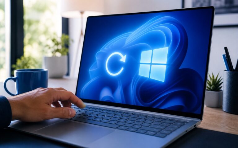 Ordinateur Windows 11 avec symbole de retour en arrière après une mise à jour