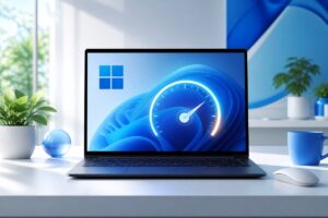 Illustration optimisation performances Windows 11 - PC portable avec jauge de vitesse