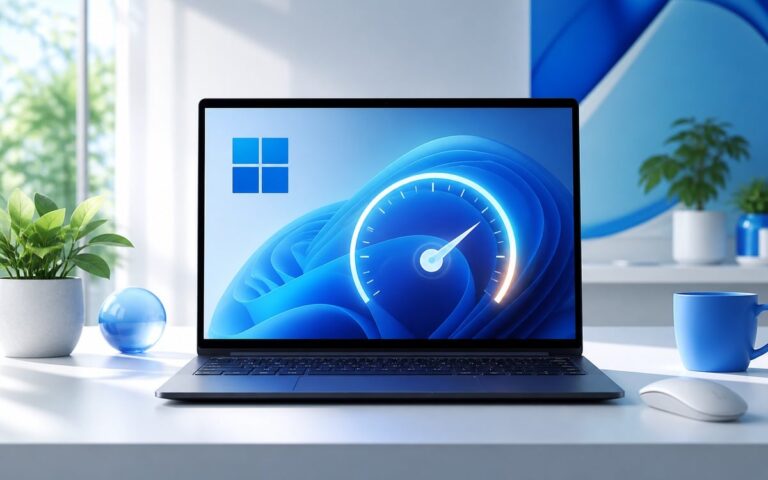 Illustration optimisation performances Windows 11 - PC portable avec jauge de vitesse