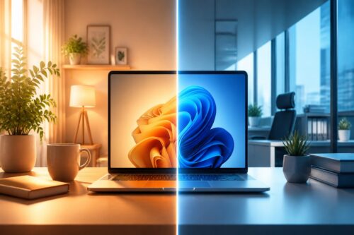 Comparaison entre Windows 11 Famille et Windows 11 Pro : un espace personnel chaleureux face à un espace professionnel.