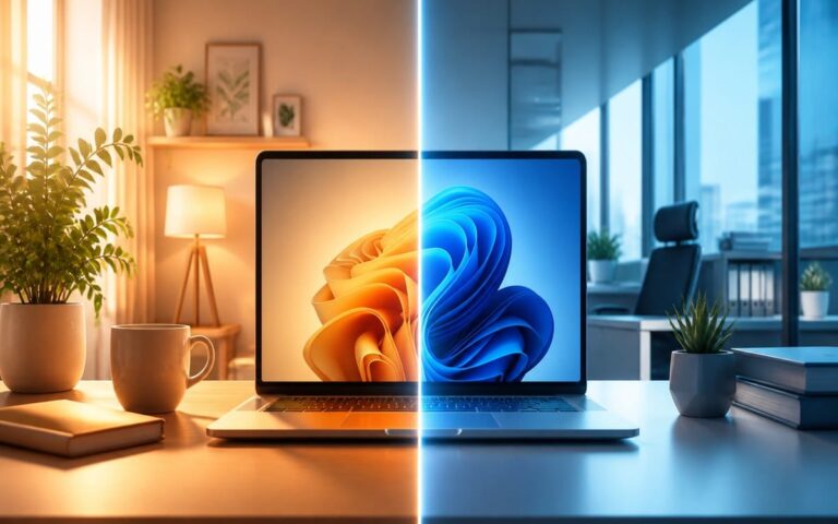 Comparaison entre Windows 11 Famille et Windows 11 Pro : un espace personnel chaleureux face à un espace professionnel.