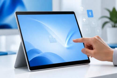 Tablette Windows 11 avec un doigt qui balaie l'écran tactile