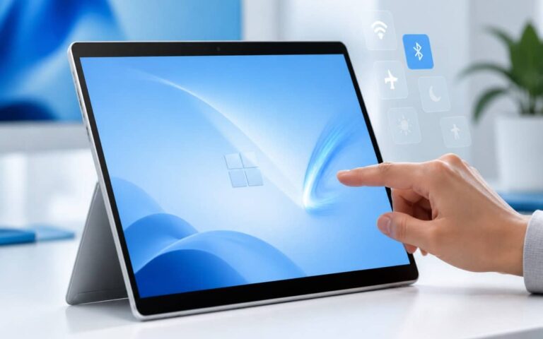 Tablette Windows 11 avec un doigt qui balaie l'écran tactile