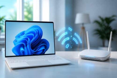 Ordinateur Windows 11 et routeur Wi-Fi avec signal interrompu