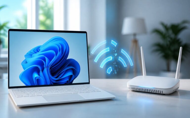 Ordinateur Windows 11 et routeur Wi-Fi avec signal interrompu