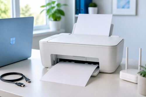 Imprimante blanche reliée à un PC Windows 11 par USB et Wi-Fi