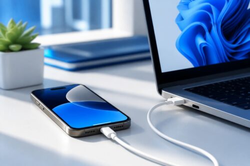 iPhone connecté à un PC Windows 11 par câble USB