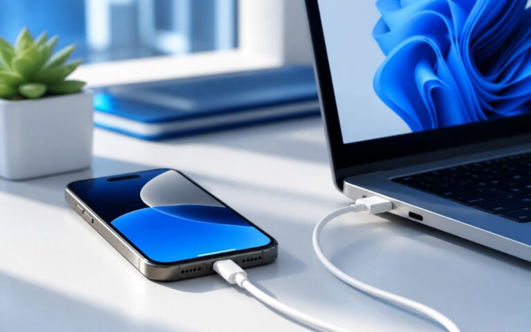 iPhone connecté à un PC Windows 11 par câble USB
