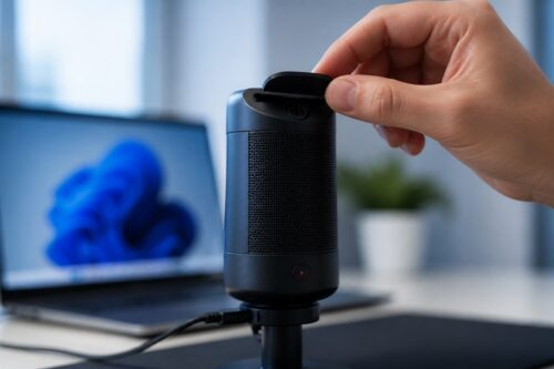 Microphone avec cache de confidentialité devant un PC Windows 11