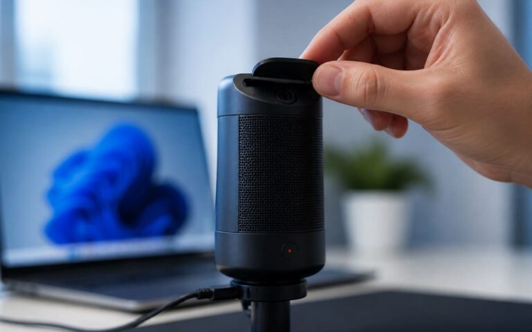 Microphone avec cache de confidentialité devant un PC Windows 11