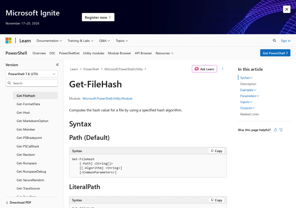 Documentation Microsoft de la commande PowerShell Get-FileHash