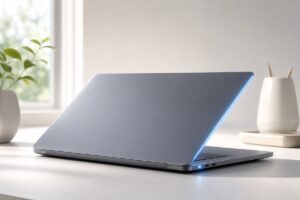 PC portable avec capot entrouvert en mode veille sous Windows 11