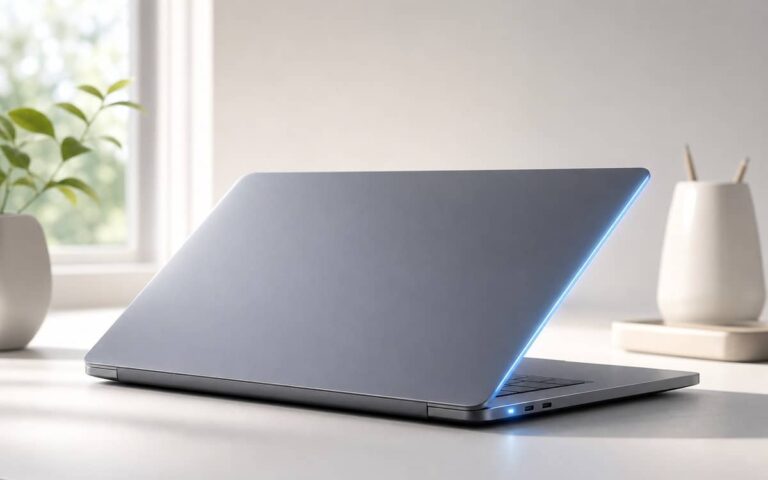 PC portable avec capot entrouvert en mode veille sous Windows 11
