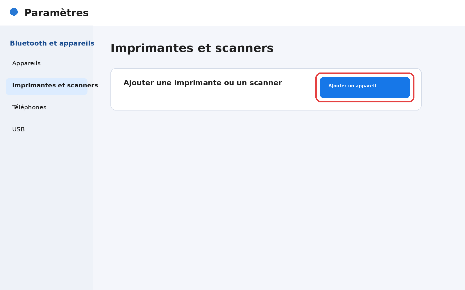 Paramètres Windows 11 pour ajouter une imprimante ou un scanner