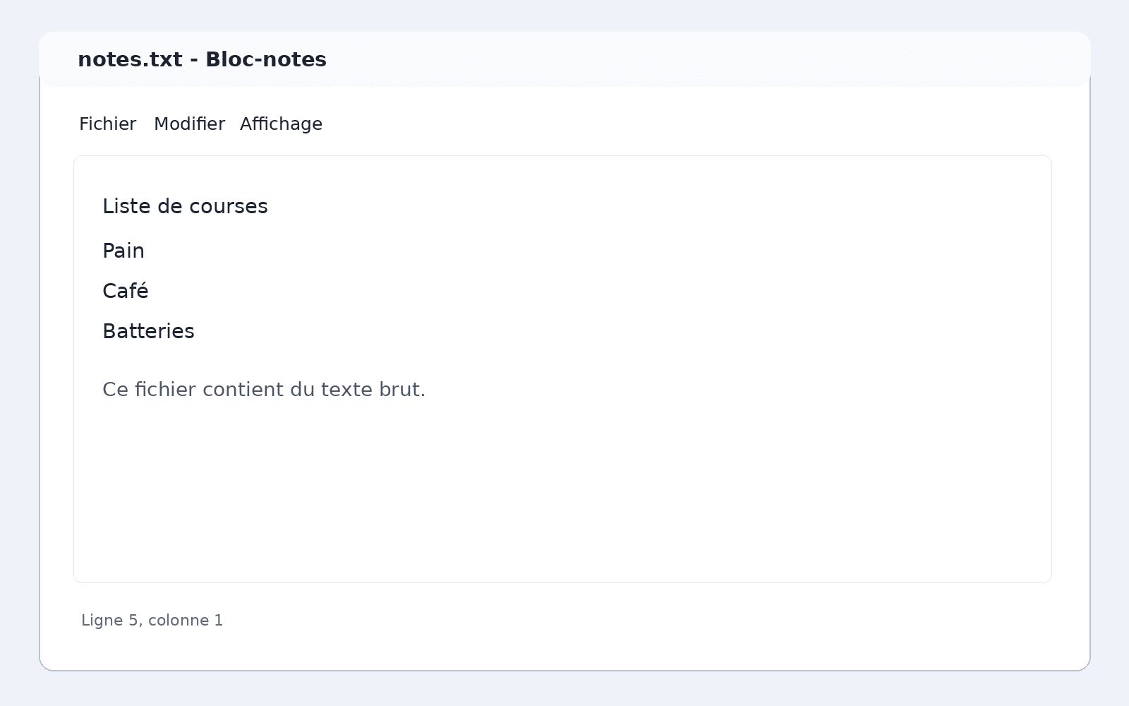 Bloc-notes sous Windows 11 affichant un fichier TXT en texte brut