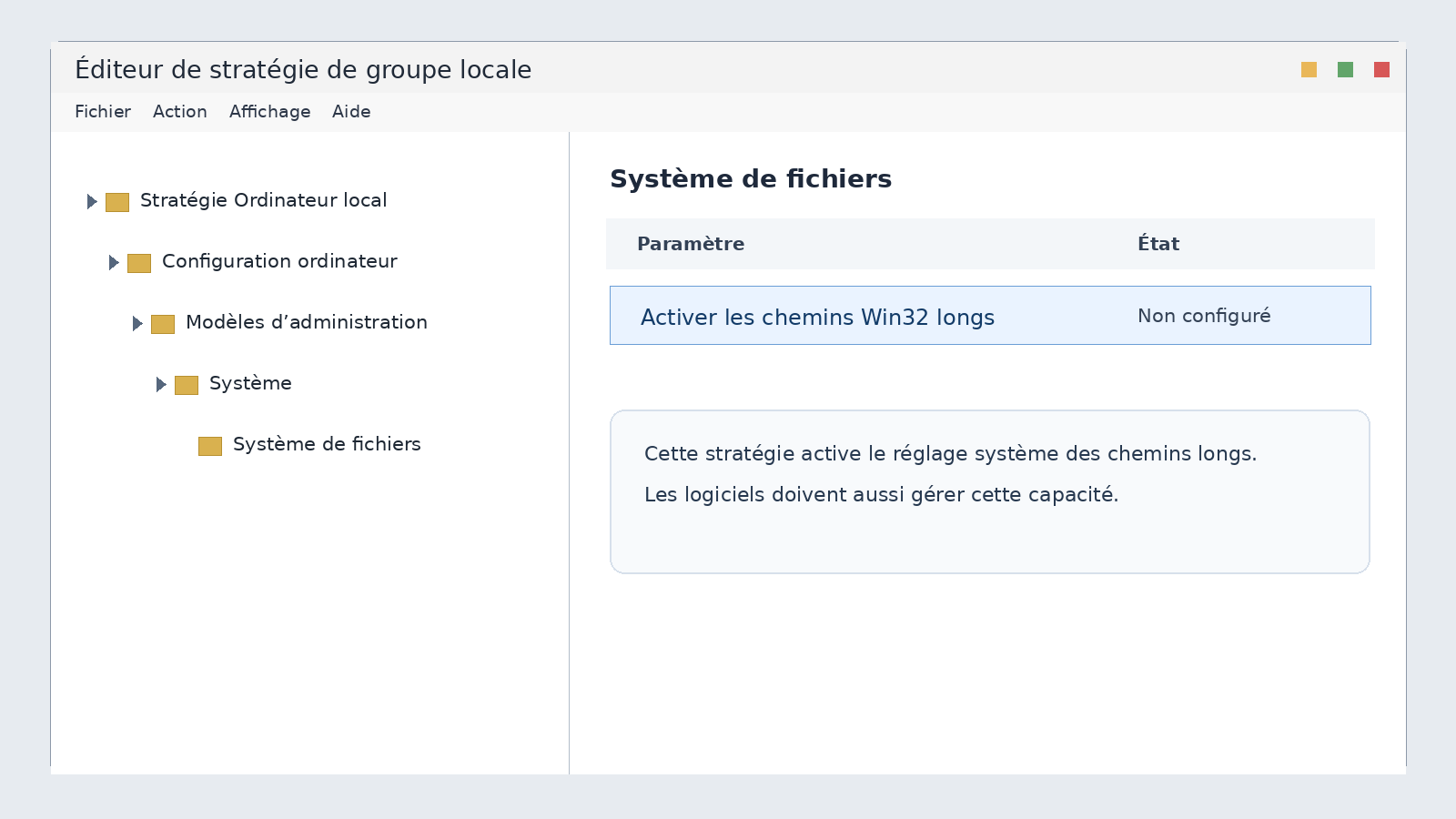 Éditeur de stratégie de groupe locale affichant Activer les chemins Win32 longs