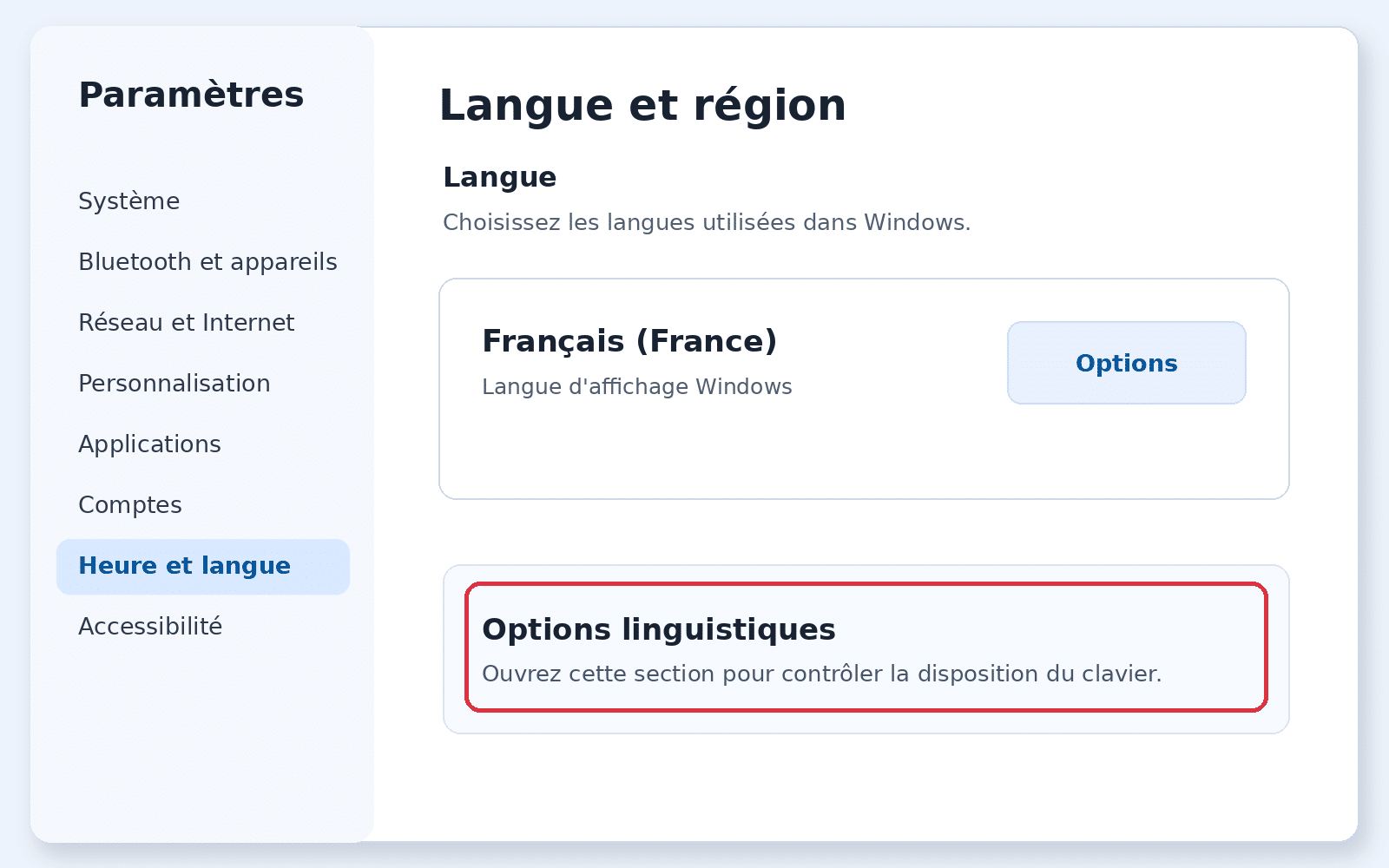 Paramètres Windows 11 dans Langue et région avec les options linguistiques