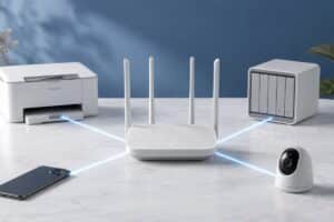 Routeur Wi-Fi relié à une imprimante, un NAS, un téléphone et une caméra IP sur un réseau local.