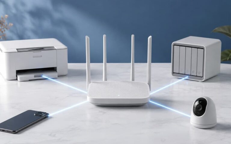 Routeur Wi-Fi relié à une imprimante, un NAS, un téléphone et une caméra IP sur un réseau local.