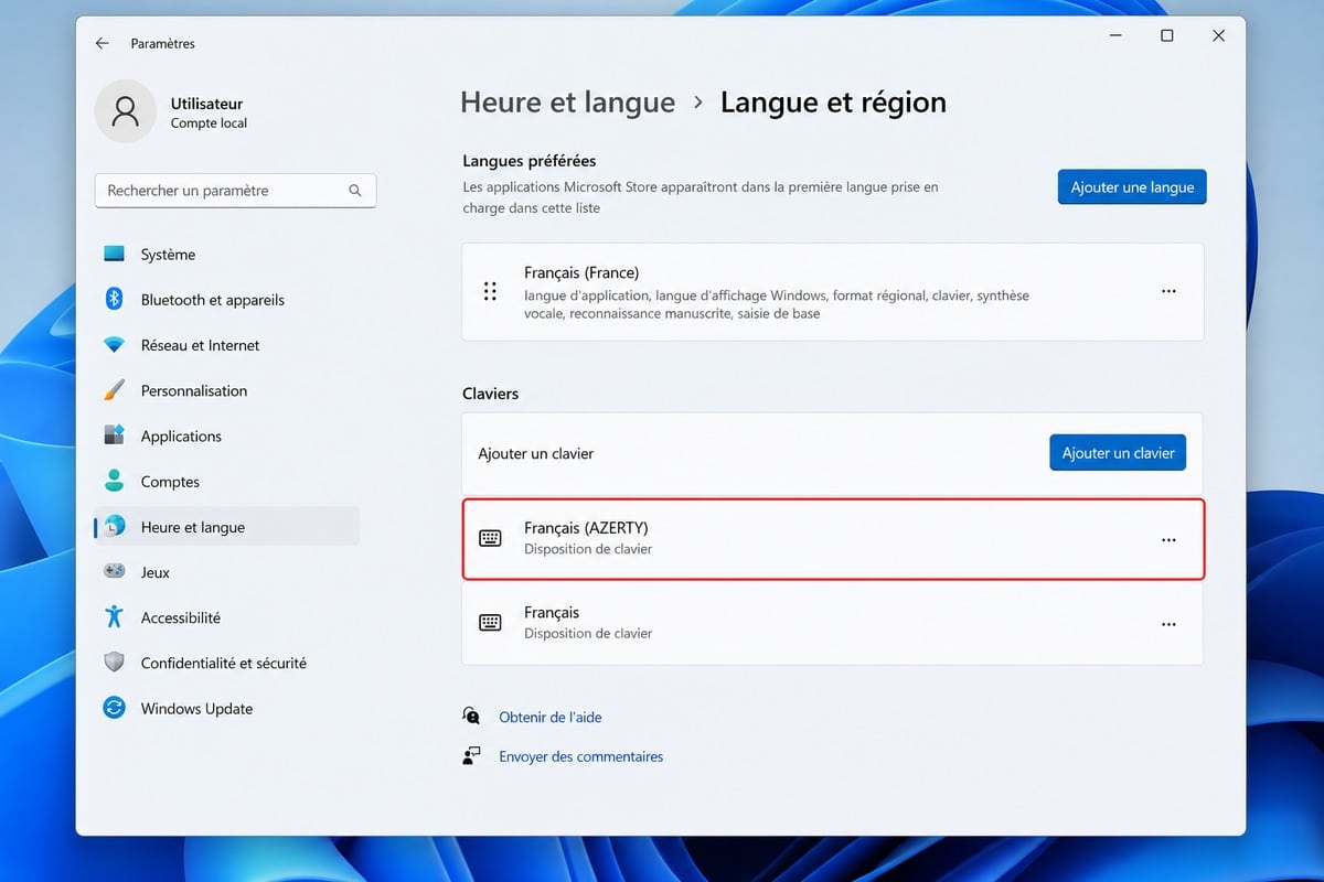 Paramètres Windows 11 avec les dispositions de clavier françaises