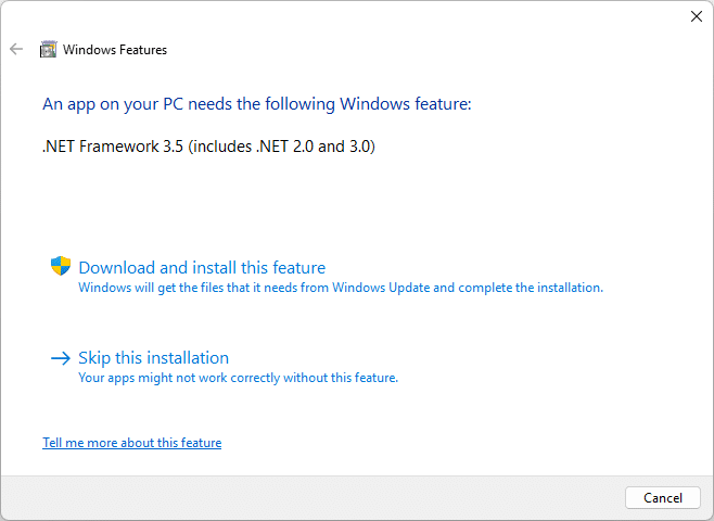 Fenêtre Windows proposant d’installer .NET Framework 3.5