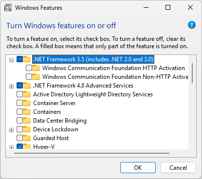 Fonctionnalités Windows avec .NET Framework 3.5 coché
