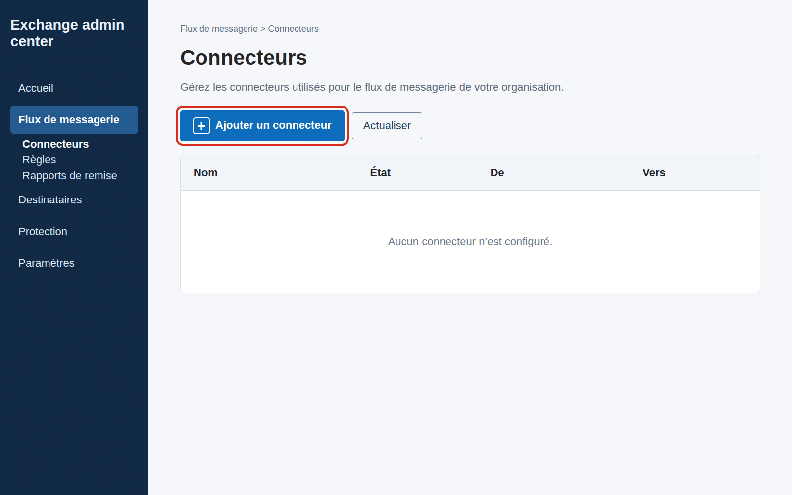 Capture reconstituée de la création d’un connecteur Exchange