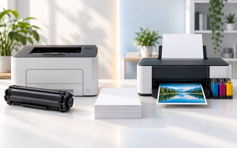 Deux imprimantes, une laser avec toner et une jet d’encre avec réservoirs couleur, côte à côte.